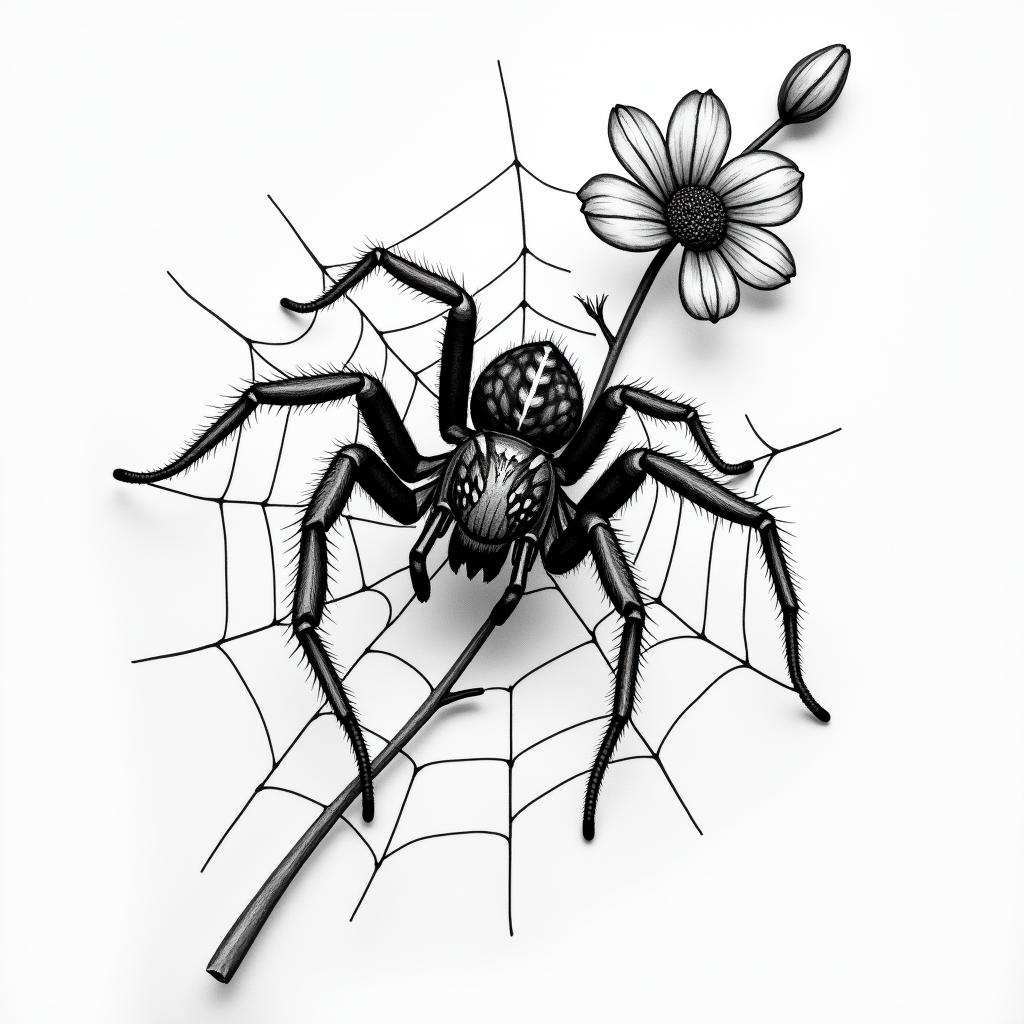 Small spider on web with flowers with stemin portrait tattoo style, featuring a highly realistic and detailed depiction  - Variation 92