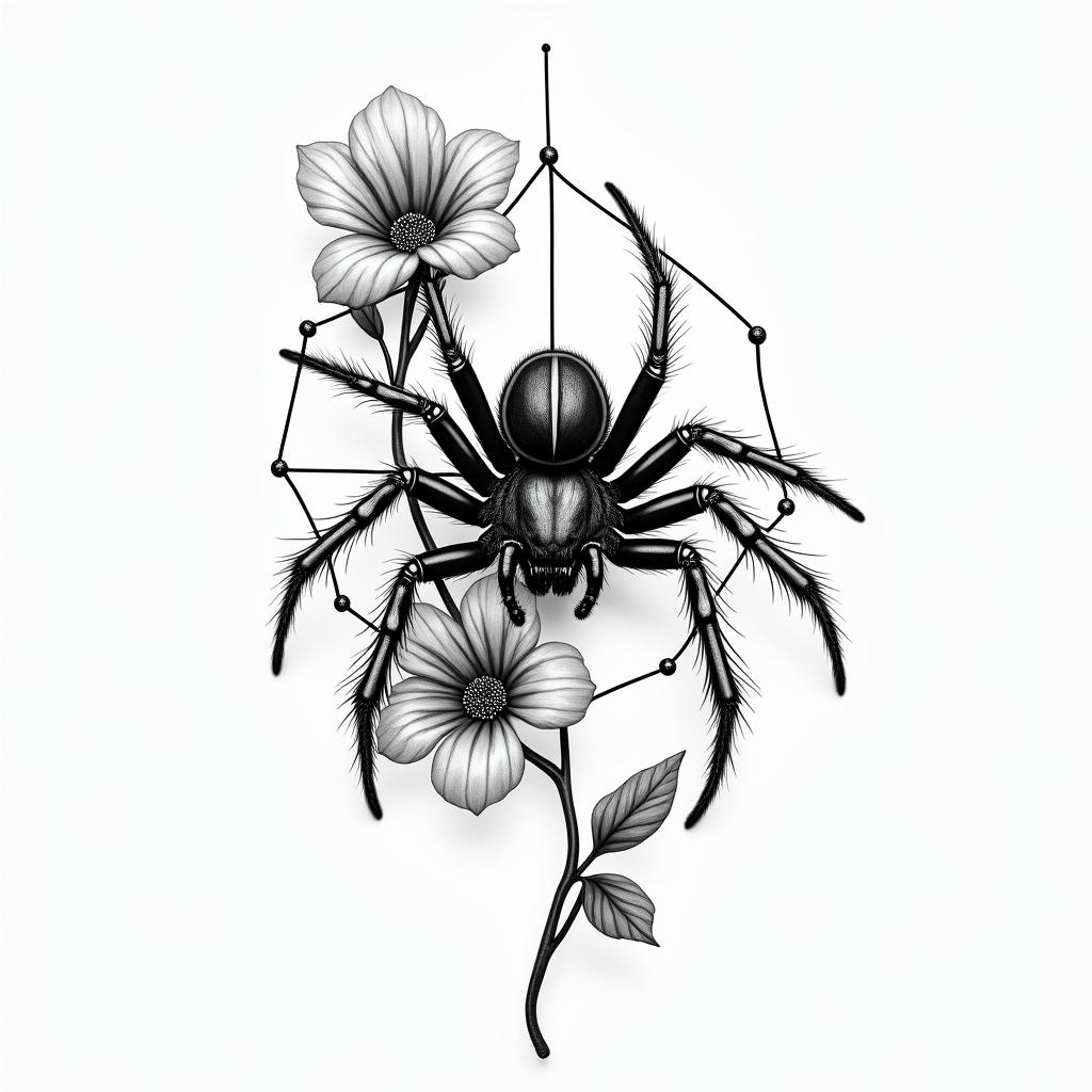 Small spider on web with flowers with stemin portrait tattoo style, featuring a highly realistic and detailed depiction  - Variation 89