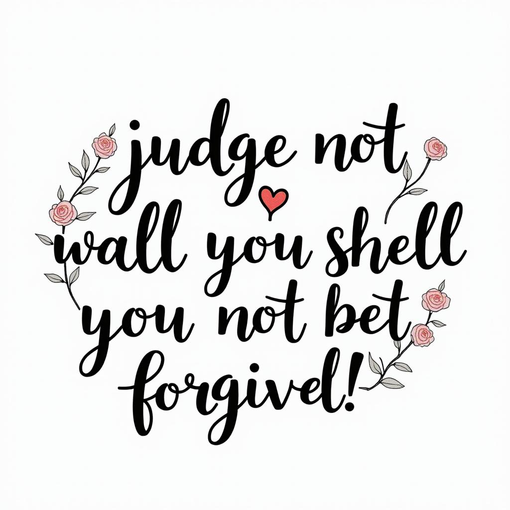 Luke 6:37 - 
Judge not, and you shall not be judged: condemn not, and you shall not be condemned: forgive, and you shall be forgiven:in elegant cursive calligraphy style 2d tattoo, decorate with roses, featuring a smooth and flowing handwritten script with slightly thickened strokes for a luxurious and bold appearance,  heart symbol between names,  sleek and glossy black text with shadowing, minimalist matte white background, clean and sharp edges, illuminated with soft lighting, romantic, 8k, high-quality textures with refined typography - Variation 3