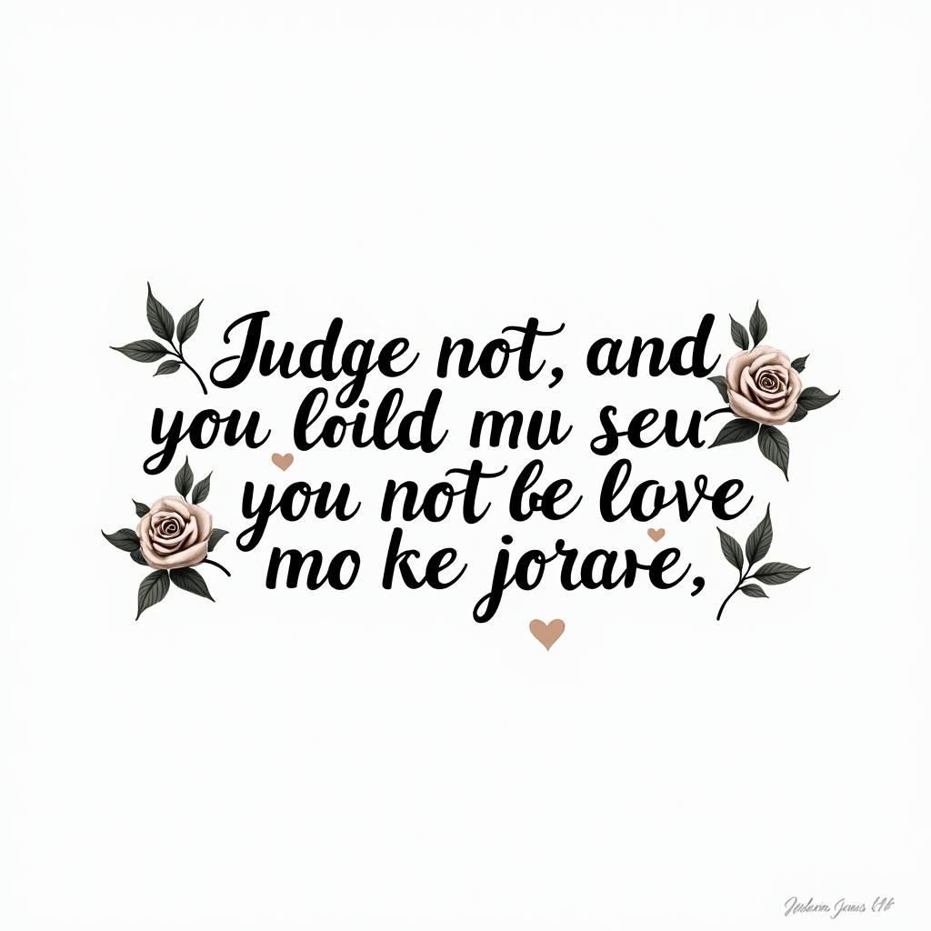 Luke 6:37 - 
Judge not, and you shall not be judged: condemn not, and you shall not be condemned: forgive, and you shall be forgiven:in elegant cursive calligraphy style 2d tattoo, decorate with roses, featuring a smooth and flowing handwritten script with slightly thickened strokes for a luxurious and bold appearance,  heart symbol between names,  sleek and glossy black text with shadowing, minimalist matte white background, clean and sharp edges, illuminated with soft lighting, romantic, 8k, high-quality textures with refined typography - Variation 2