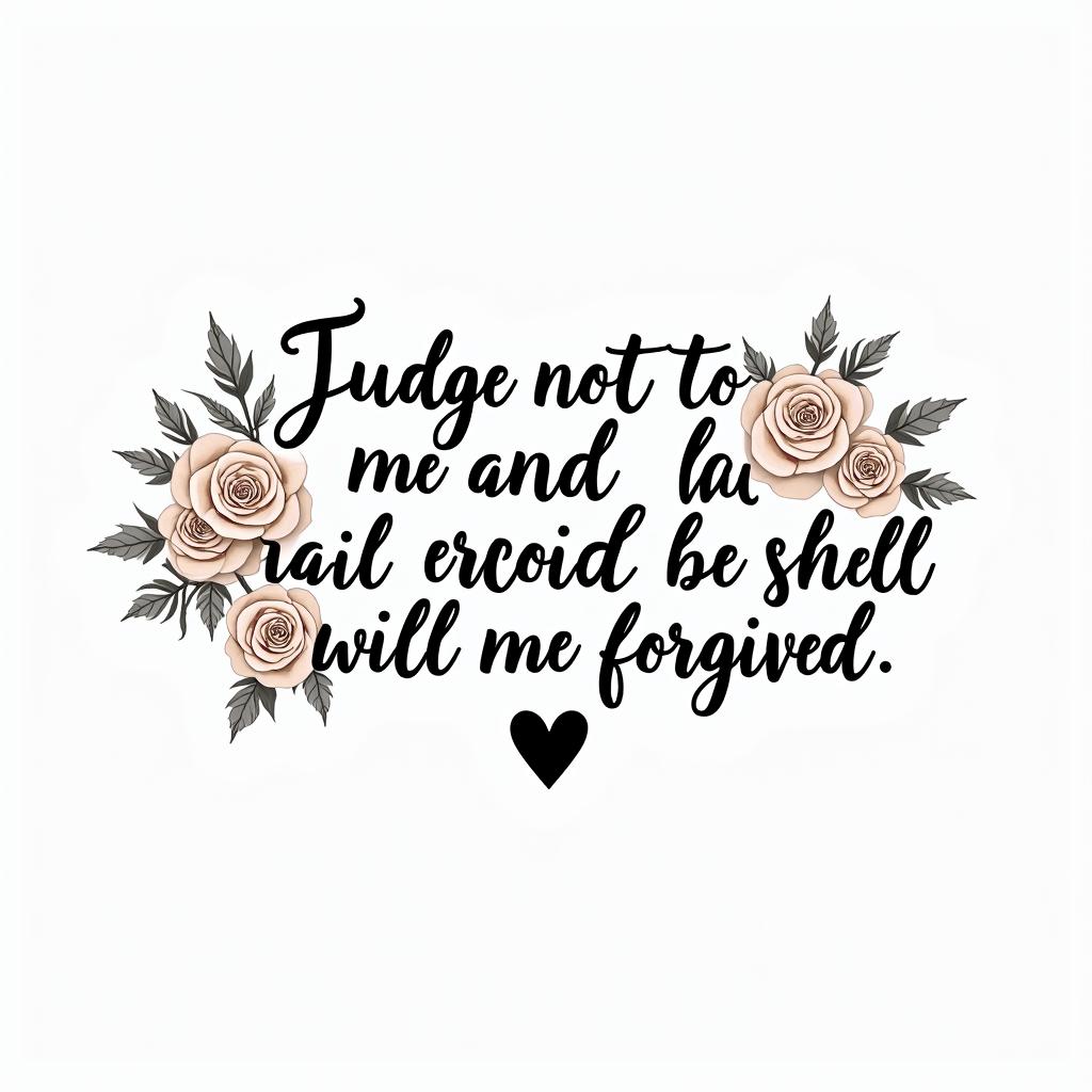 Luke 6:37 - 
Judge not, and you shall not be judged: condemn not, and you shall not be condemned: forgive, and you shall be forgiven:in elegant cursive calligraphy style 2d tattoo, decorate with roses, featuring a smooth and flowing handwritten script with slightly thickened strokes for a luxurious and bold appearance,  heart symbol between names,  sleek and glossy black text with shadowing, minimalist matte white background, clean and sharp edges, illuminated with soft lighting, romantic, 8k, high-quality textures with refined typography - Variation 4