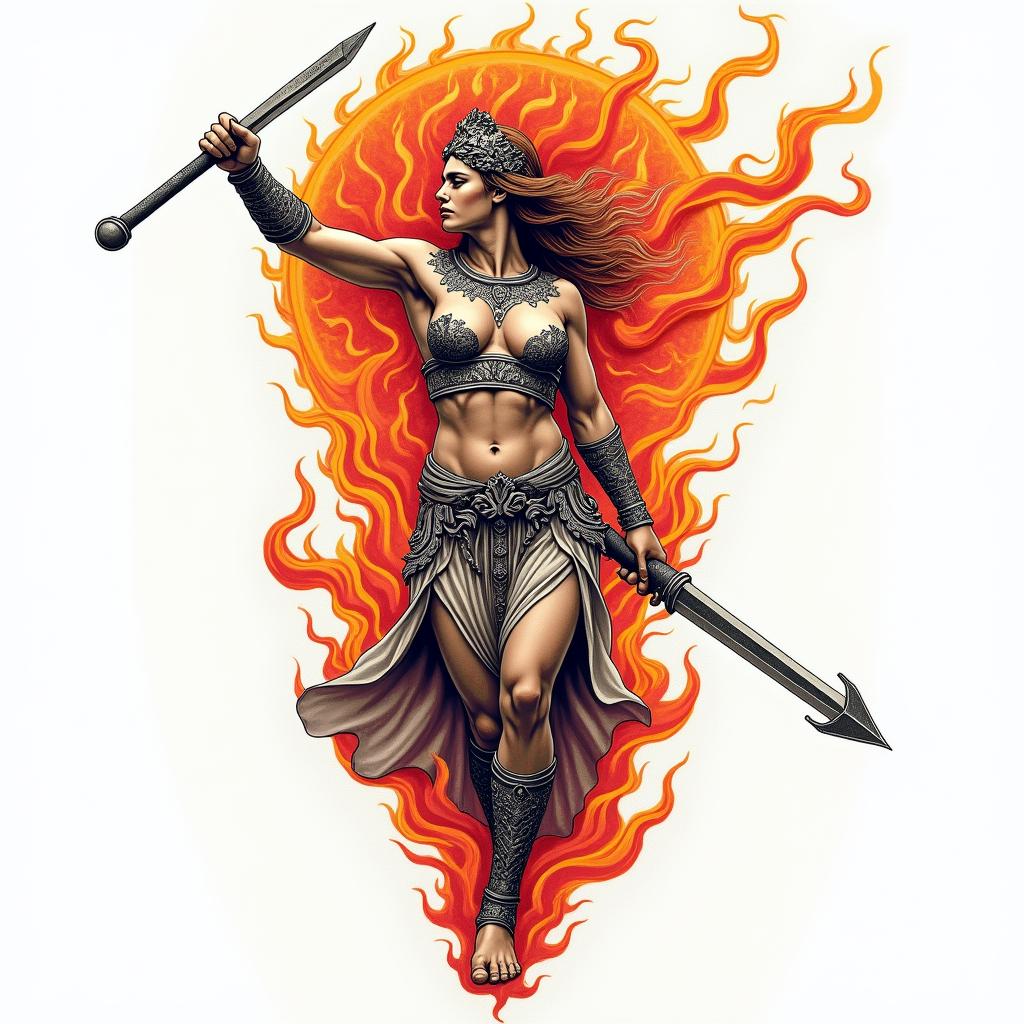 Athena, the goddess of war, firein new school tattoo, pop culture, modern, detailed tattoo, illustrative - Variation 3