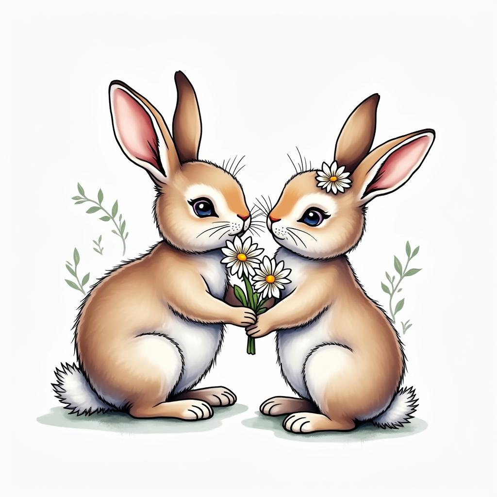 a watercolor tattoo of a mom rabbit and a daughter rabbit, with the mom gently placing daisy flowers on the daughter's head. The rabbits are depicted in light brown or light grey, both having long eyelashes, surrounded by delicate floral elements.higly detailed tattoo - Variation 1