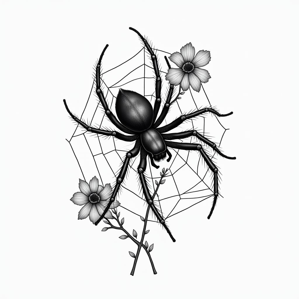 Small spider on web with flowers with stemin portrait tattoo style, featuring a highly realistic and detailed depiction  - Variation 86