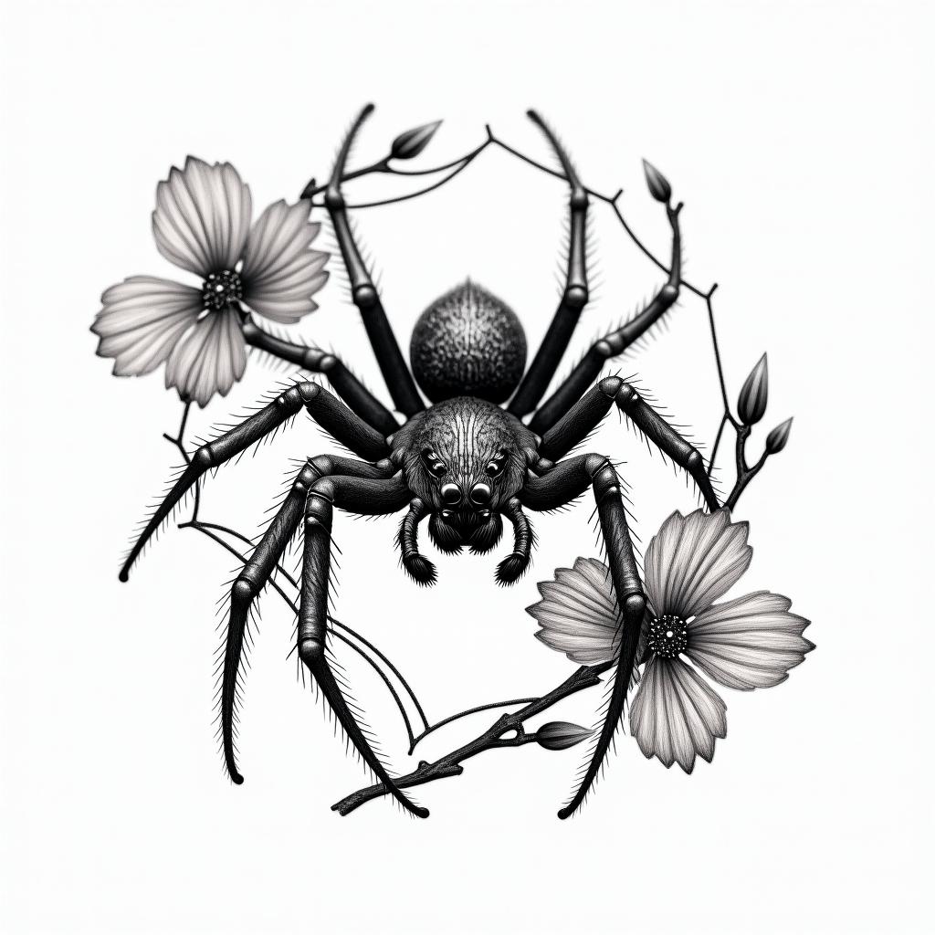 Small spider on web with flowers with stemin portrait tattoo style, featuring a highly realistic and detailed depiction  - Variation 87