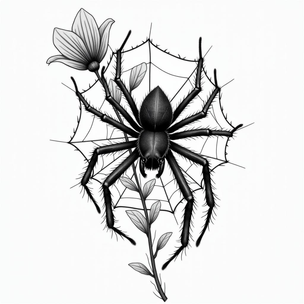 Small spider on web with flowers with stemin portrait tattoo style, featuring a highly realistic and detailed depiction  - Variation 88