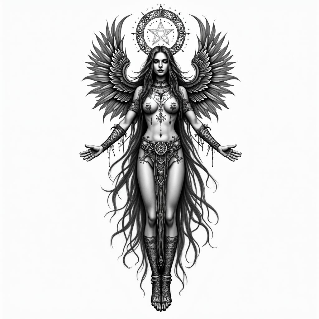 God is within her SHE WILL NOT FALLin paganic style tattoo, featuring ancient symbols, add vegvisir symbol, mystical figures, incorporating designs, pentagrams, runes, crescent moons,