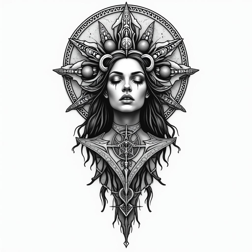 God is within her SHE WILL NOT FALLin paganic style tattoo, featuring ancient symbols, add vegvisir symbol, mystical figures, incorporating designs, pentagrams, runes, crescent moons, - Variation 2