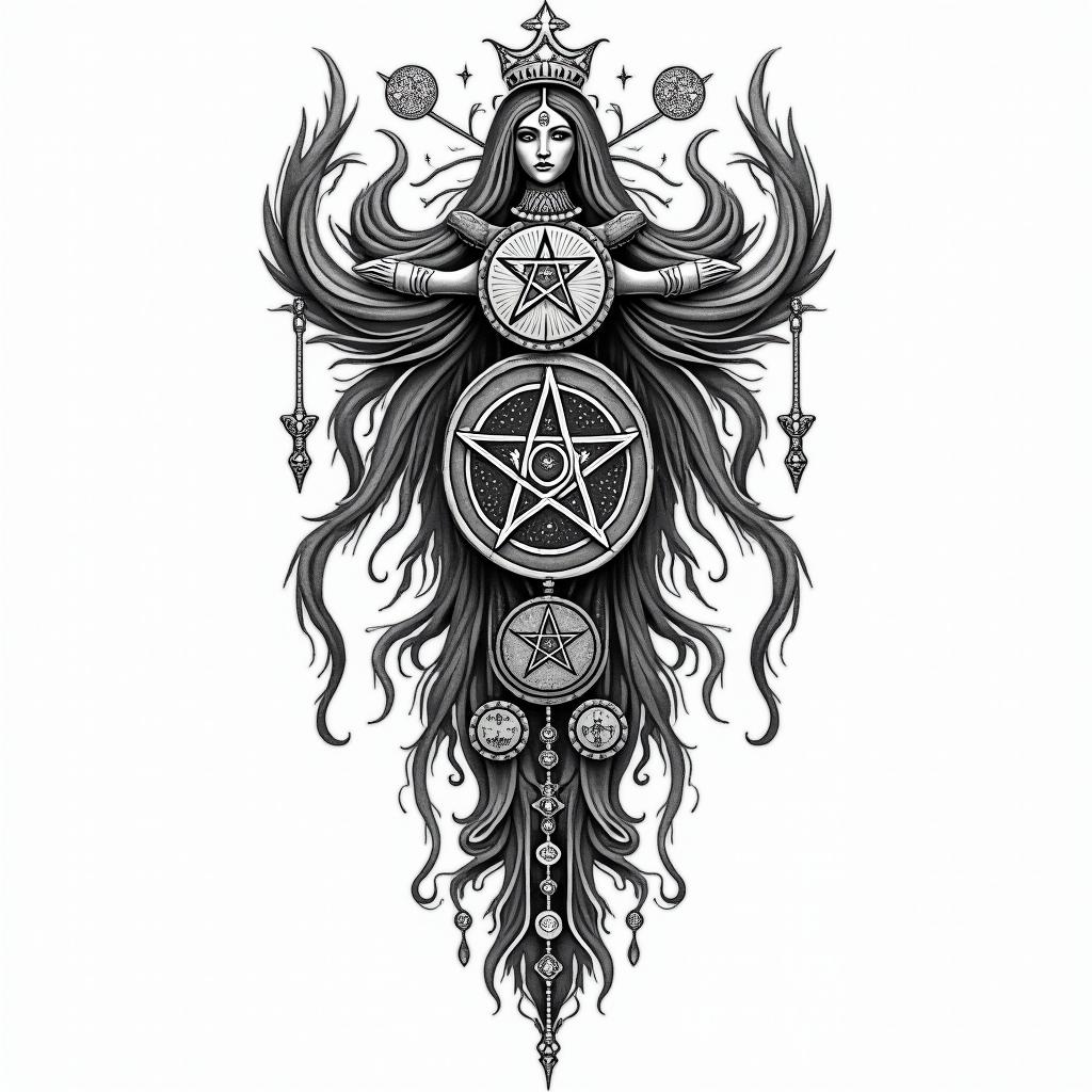 God is within her SHE WILL NOT FALLin paganic style tattoo, featuring ancient symbols, add vegvisir symbol, mystical figures, incorporating designs, pentagrams, runes, crescent moons, - Variation 3