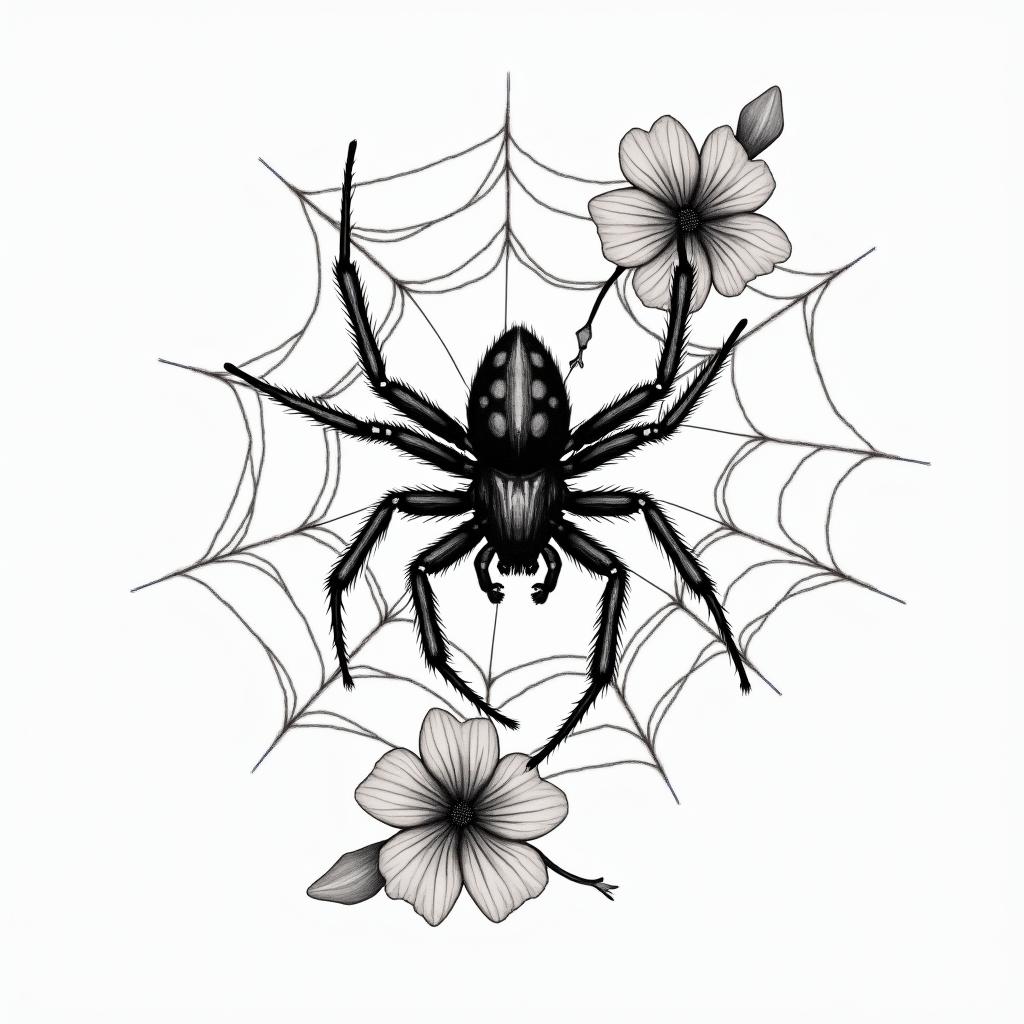 Small spider on web with flowers with stemin portrait tattoo style, featuring a highly realistic and detailed depiction  - Variation 81