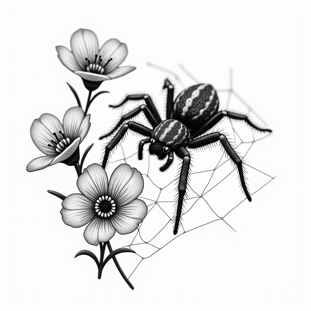 Small spider on web with flowers with stemin portrait tattoo style, featuring a highly realistic and detailed depiction  - Variation 82