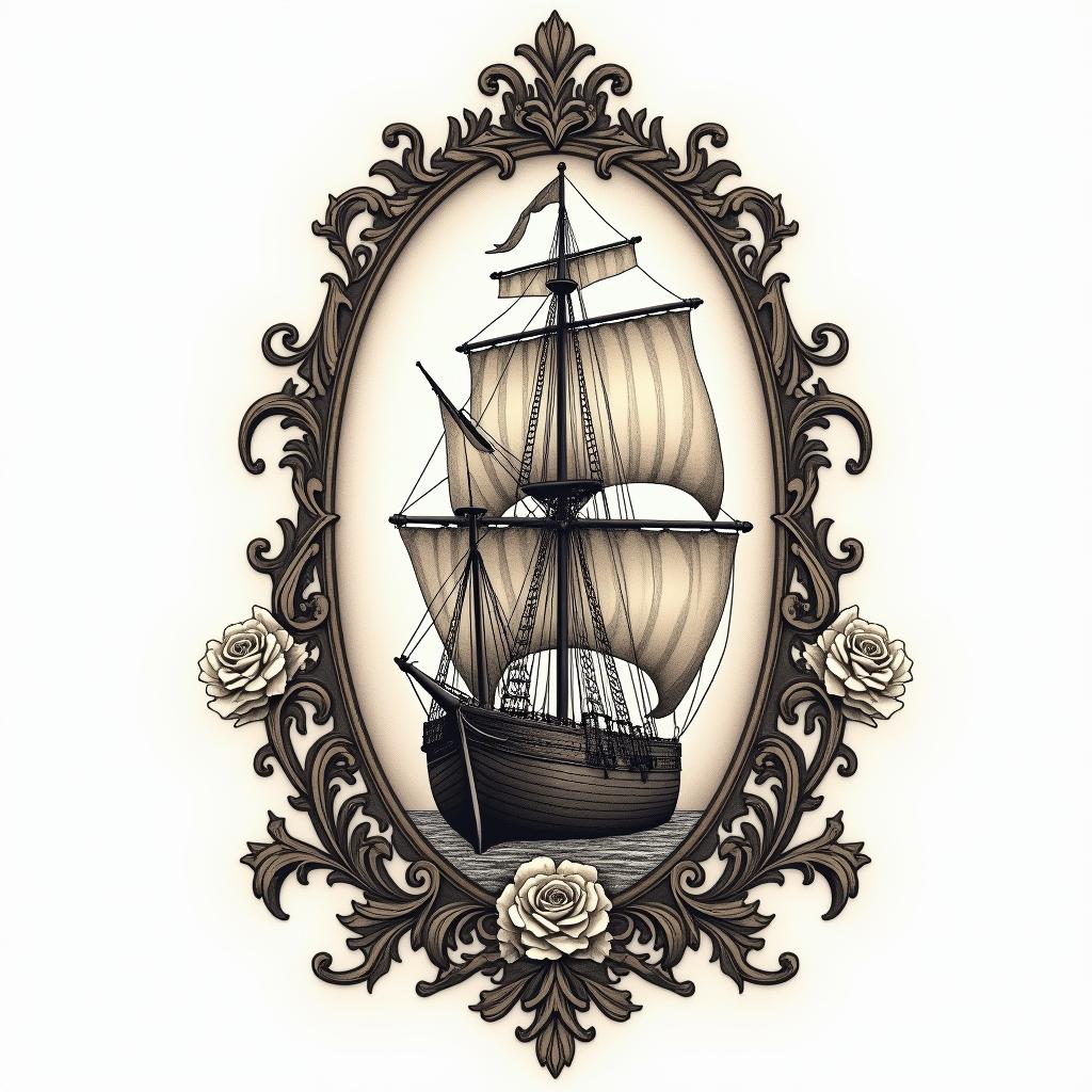 The Viking shipin victorian style tattoo, featuring vintage and elegant elements, ornate frames, roses, antique, sepia-toned color scheme - Variation 2