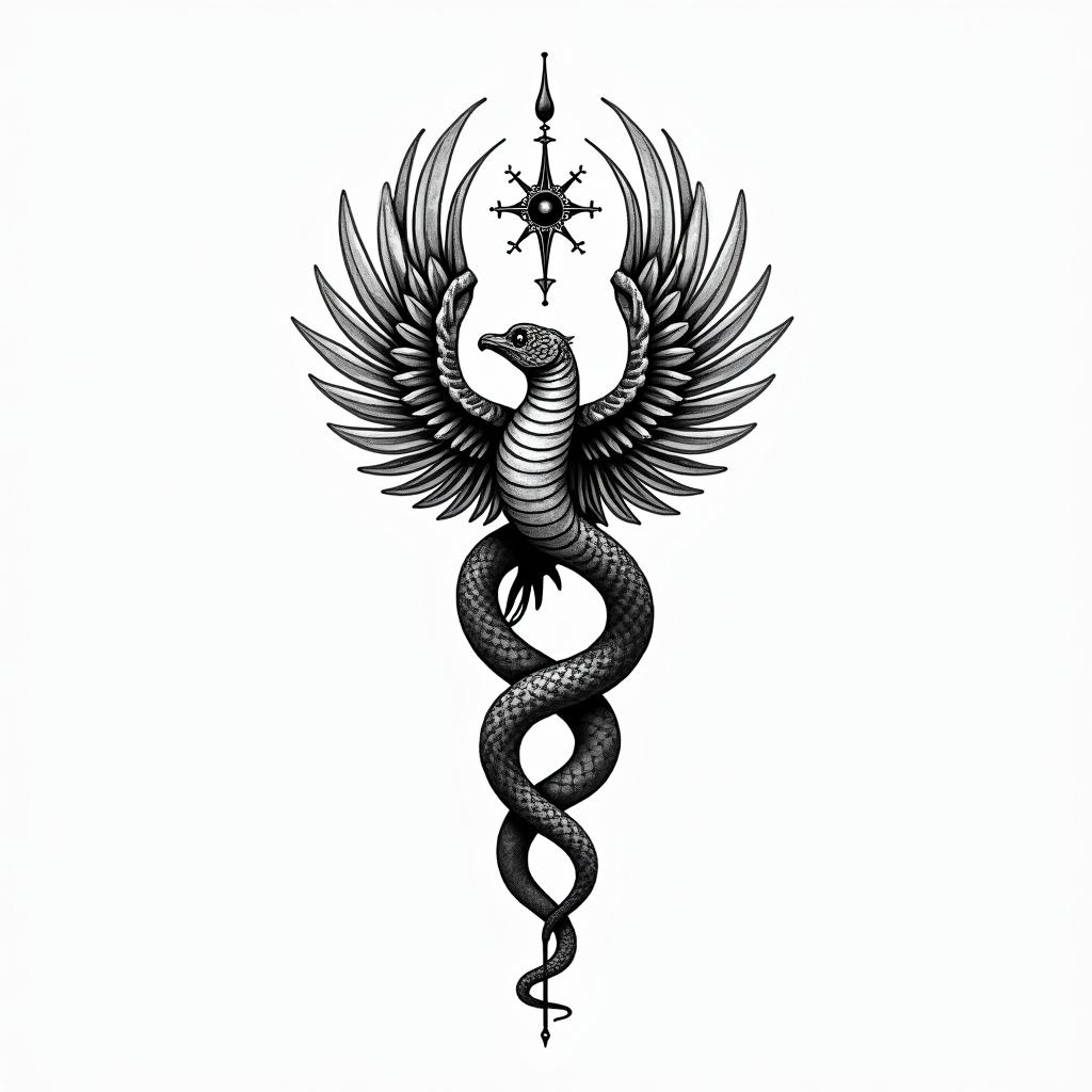 Medical snake
wrapped around phoenixin spiritual symbols tattoo style, featuring an intricate design incorporating elements, Hamsa hand, third eye, minimalist composition - Variation 1