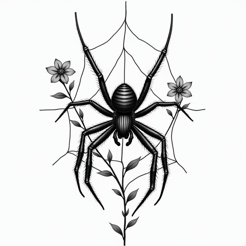 Small spider on web with flowers with stemin portrait tattoo style, featuring a highly realistic and detailed depiction  - Variation 73