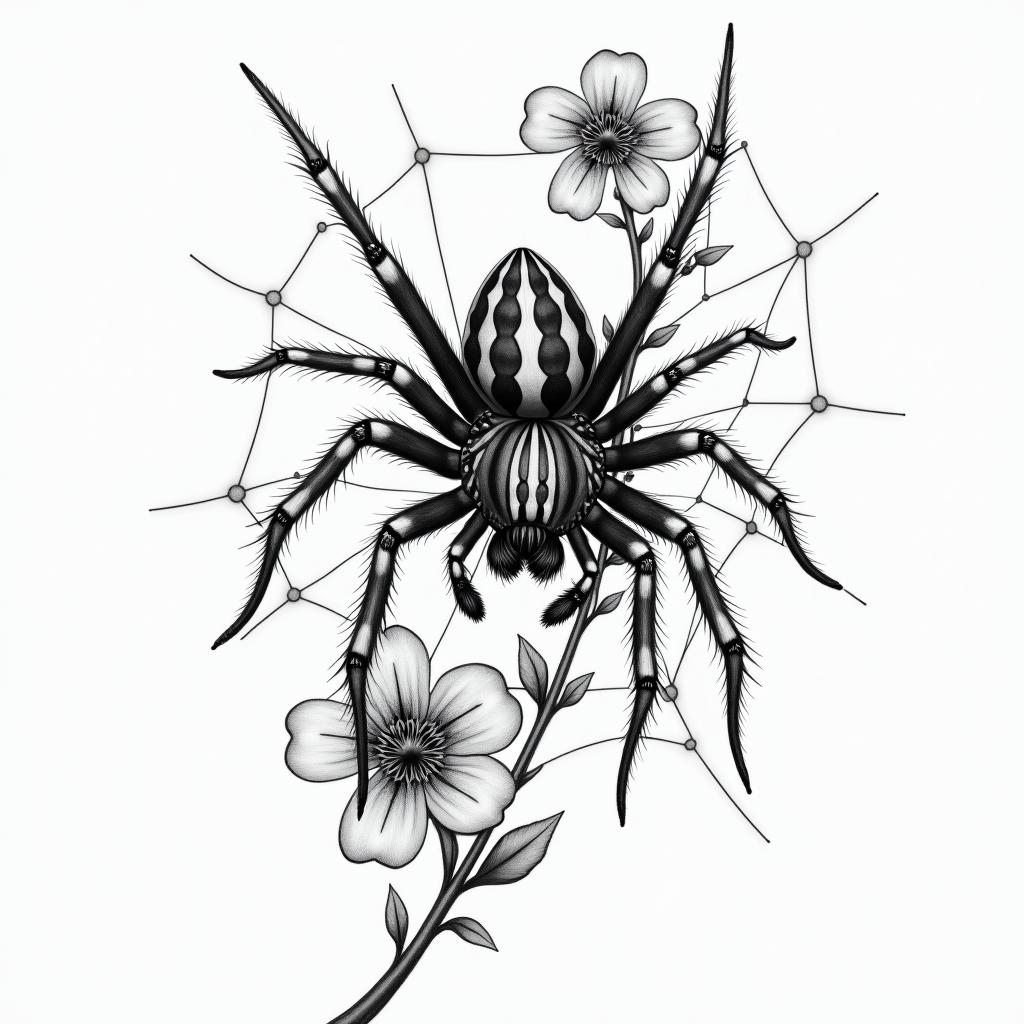 Small spider on web with flowers with stemin portrait tattoo style, featuring a highly realistic and detailed depiction  - Variation 75