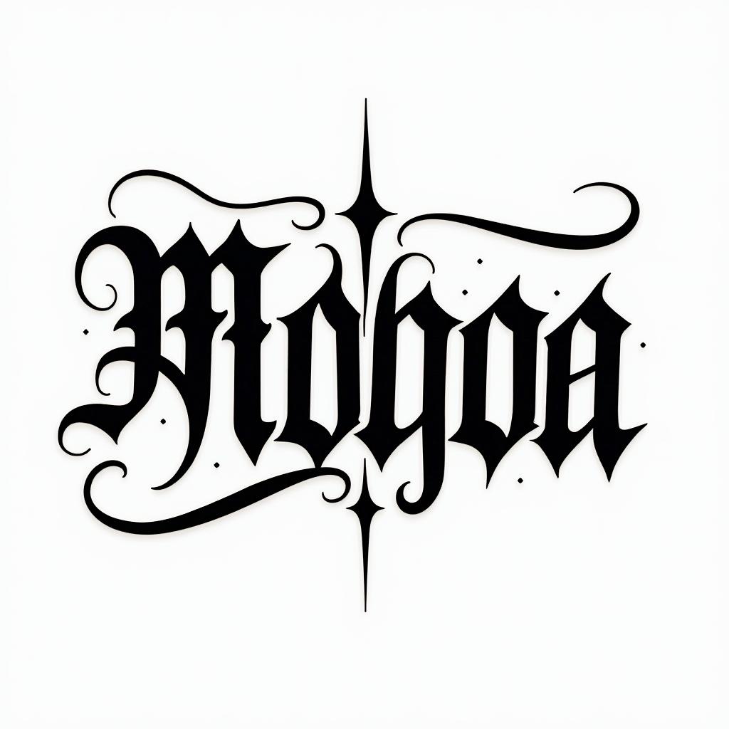 Bo mega constructiontext-based tattoo, gothic font ultra-realistic, perfectly placed, high-quality font design, photo-realistic shading, 8k, high quality, finely detailed typography
