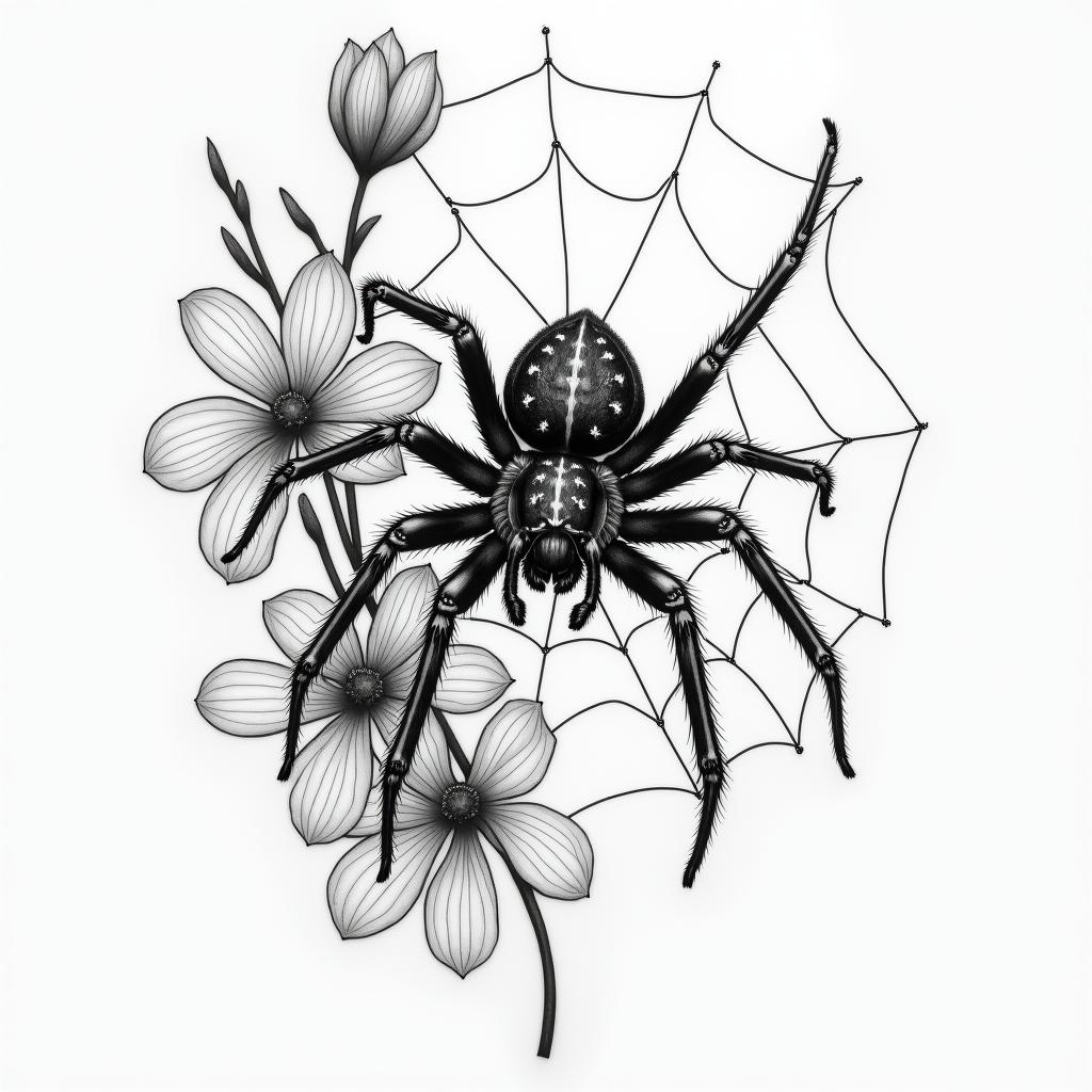 Small spider on web with flowers with stemin portrait tattoo style, featuring a highly realistic and detailed depiction  - Variation 72