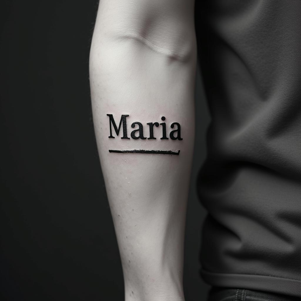 Mariaminimalist text-based tattoo, Monospace font ultra-realistic, perfectly placed, high-quality font design, photo-realistic shading, 8k, high quality, finely detailed typograph - Variation 11