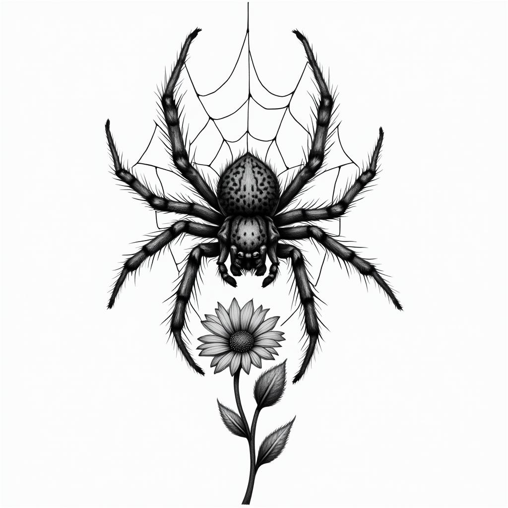 Small spider on web with flowers with stemin portrait tattoo style, featuring a highly realistic and detailed depiction  - Variation 66