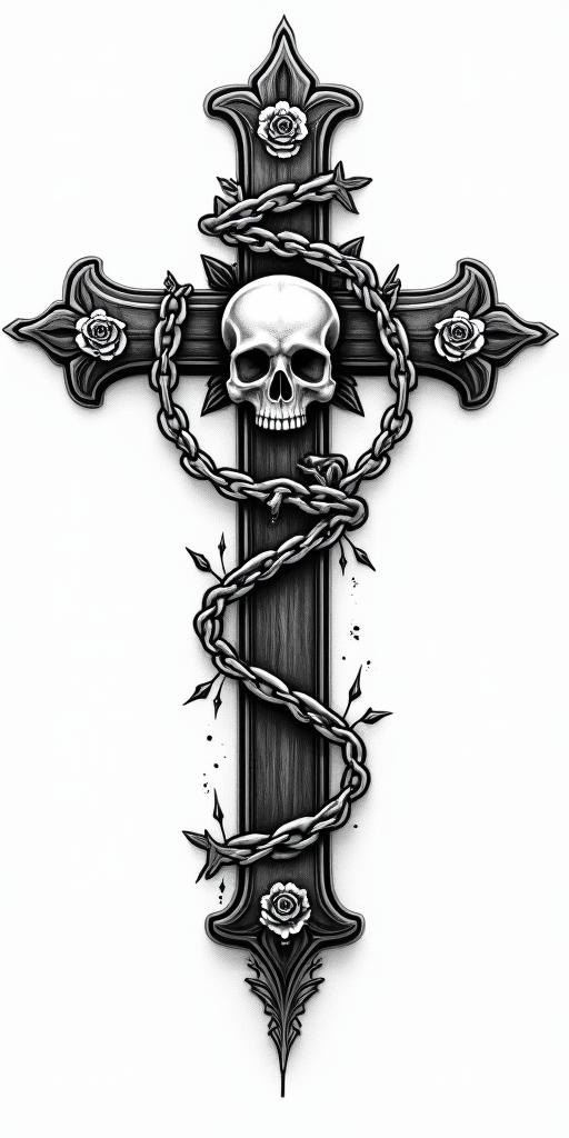 All because of not studying.in chicano style tattoo, featuring intricate black and grey shading, bold elements of traditional chicano culture symbols, add a big cross with skull, chains and roses - Variation 2