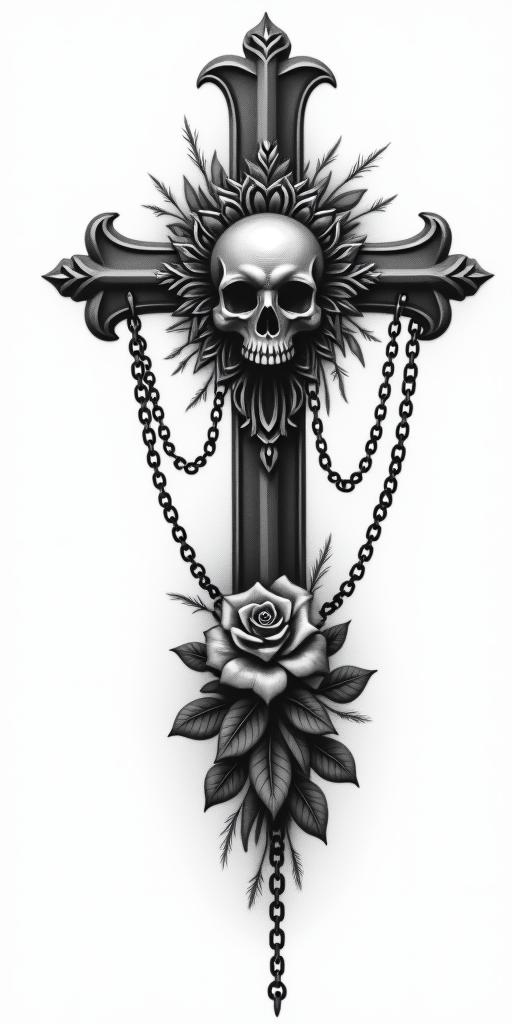 All because of not studying.in chicano style tattoo, featuring intricate black and grey shading, bold elements of traditional chicano culture symbols, add a big cross with skull, chains and roses - Variation 1