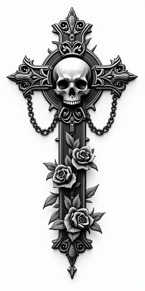All because of not studying.in chicano style tattoo, featuring intricate black and grey shading, bold elements of traditional chicano culture symbols, add a big cross with skull, chains and roses - Variation 4