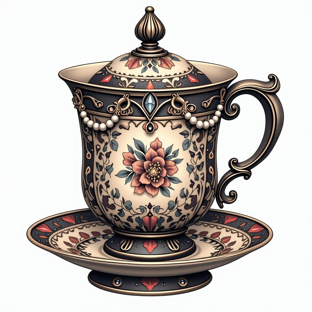 Old school sailor Jerry inspired illustration of a Teacup from the Victorian Renaissance era, heavily draped and adorned in pearls and chains with inlays of jewels and precious gemstones. Lots of colorin japanese style tattoo, detailed tattoo, traditional japanese culture tattoo, mythology, 8k - Variation 3