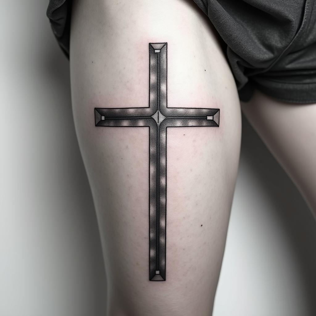 Cross tattoo on thigh for menminimalist text-based tattoo, Monospace font ultra-realistic, perfectly placed, high-quality font design, photo-realistic shading, 8k, high quality, finely detailed typograph - Variation 4