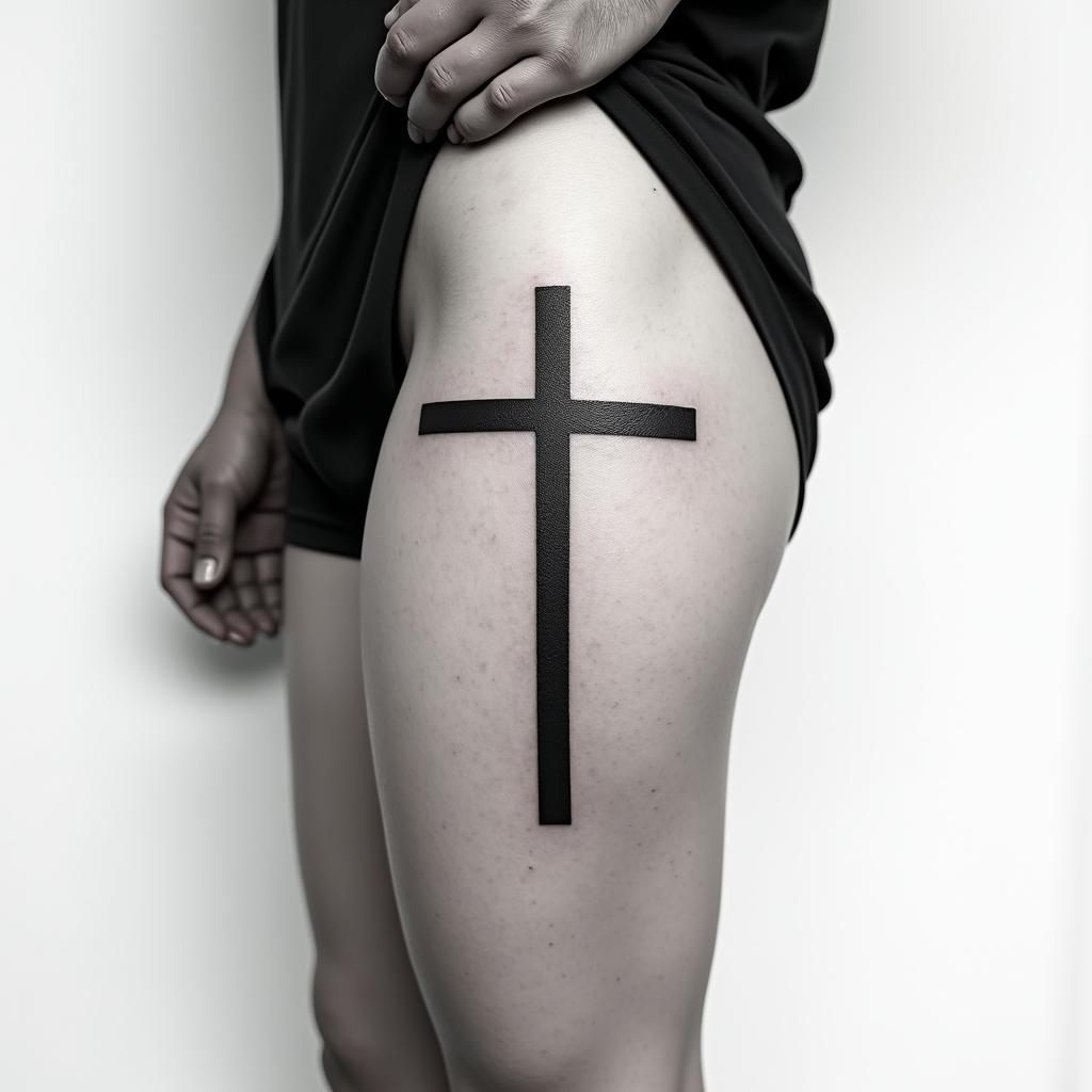 Cross tattoo on thigh for menminimalist text-based tattoo, Monospace font ultra-realistic, perfectly placed, high-quality font design, photo-realistic shading, 8k, high quality, finely detailed typograph