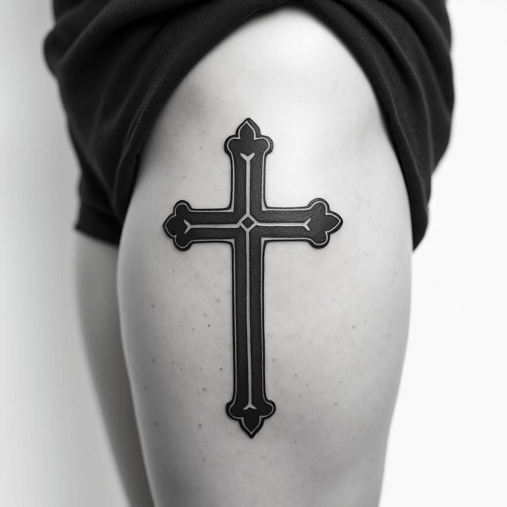 Cross tattoo on thigh for menminimalist text-based tattoo, Monospace font ultra-realistic, perfectly placed, high-quality font design, photo-realistic shading, 8k, high quality, finely detailed typograph - Variation 2