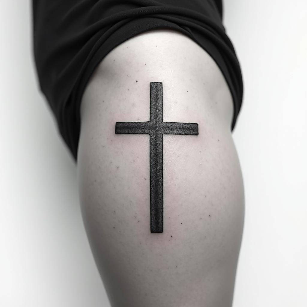 Cross tattoo on thigh for menminimalist text-based tattoo, Monospace font ultra-realistic, perfectly placed, high-quality font design, photo-realistic shading, 8k, high quality, finely detailed typograph - Variation 3