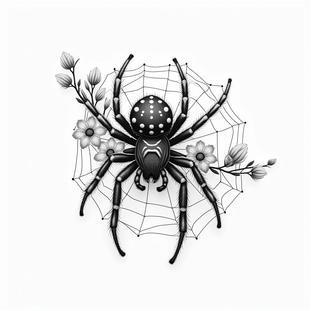 Small spider on web with flowers with stemin portrait tattoo style, featuring a highly realistic and detailed depiction  - Variation 64