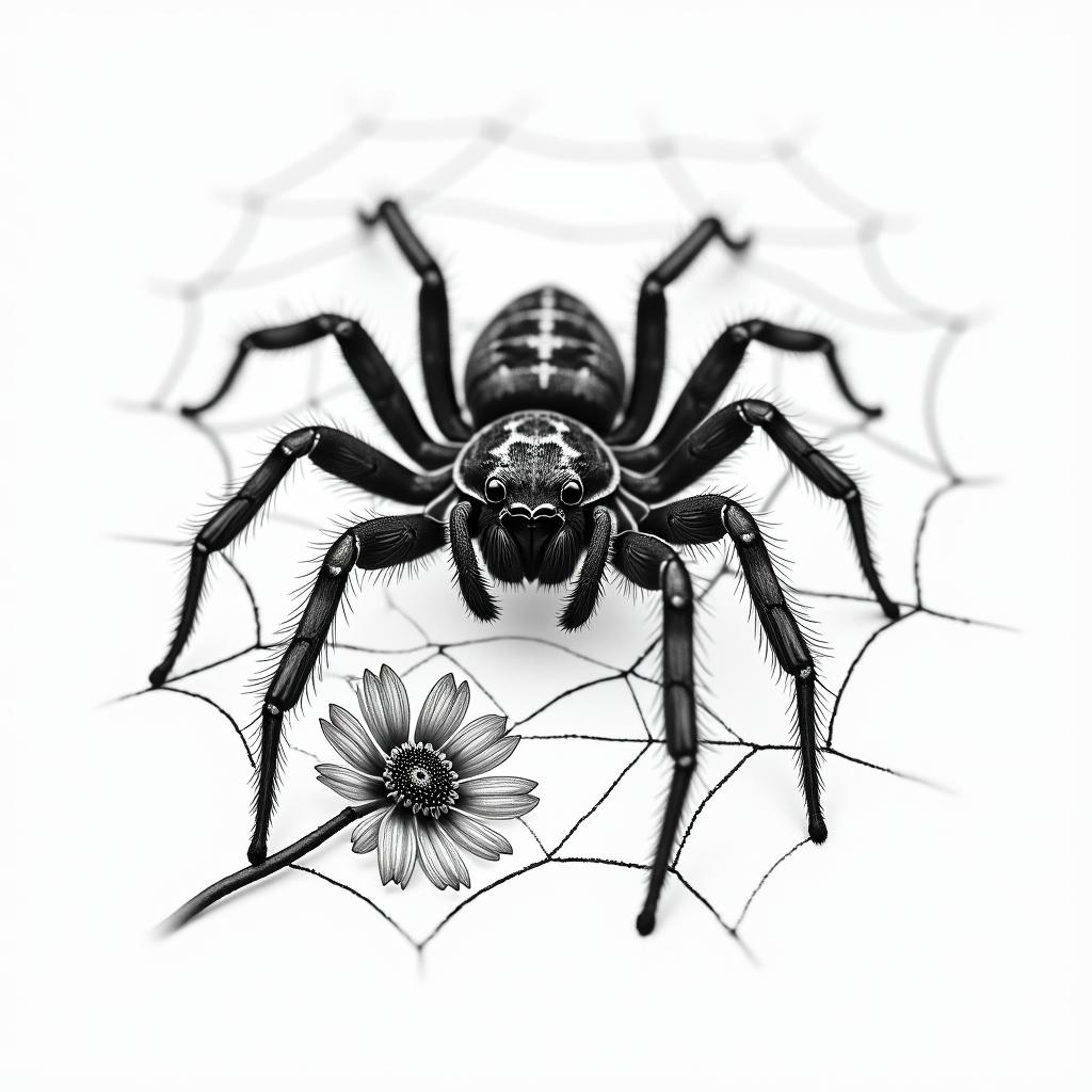 Small spider on web with flowers with stemin portrait tattoo style, featuring a highly realistic and detailed depiction  - Variation 62