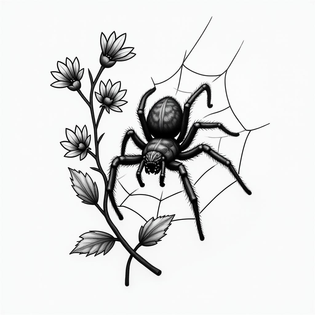 Small spider on web with flowers with stemin portrait tattoo style, featuring a highly realistic and detailed depiction  - Variation 63