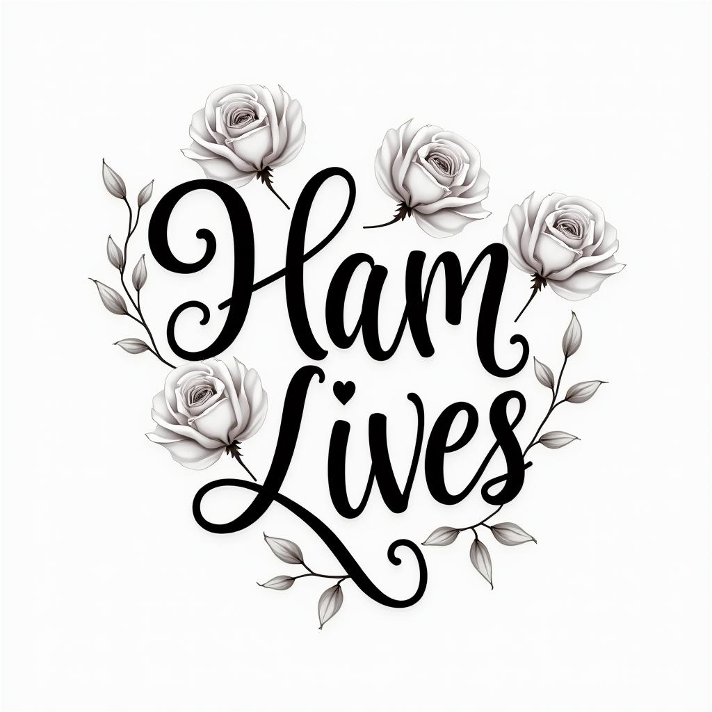 Flame outline backgroundin elegant cursive calligraphy style 2d tattoo, decorate with roses, featuring a smooth and flowing handwritten script with slightly thickened strokes for a luxurious and bold appearance,  heart symbol between names,  sleek and glossy black text with shadowing, minimalist matte white background, clean and sharp edges, illuminated with soft lighting, romantic, 8k, high-quality textures with refined typography - Variation 2