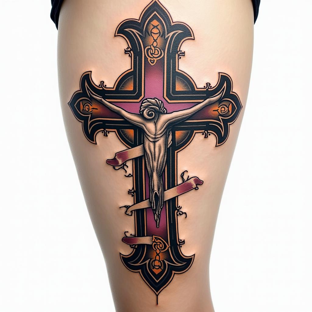 Cross tattoo on thigh for menin pop art style tattoo, featuring bold and vibrant colors, exaggerated outlines, iconic imagery, inspired by comic books and speech bubbles, comic book characters, retro pop culture - Variation 2