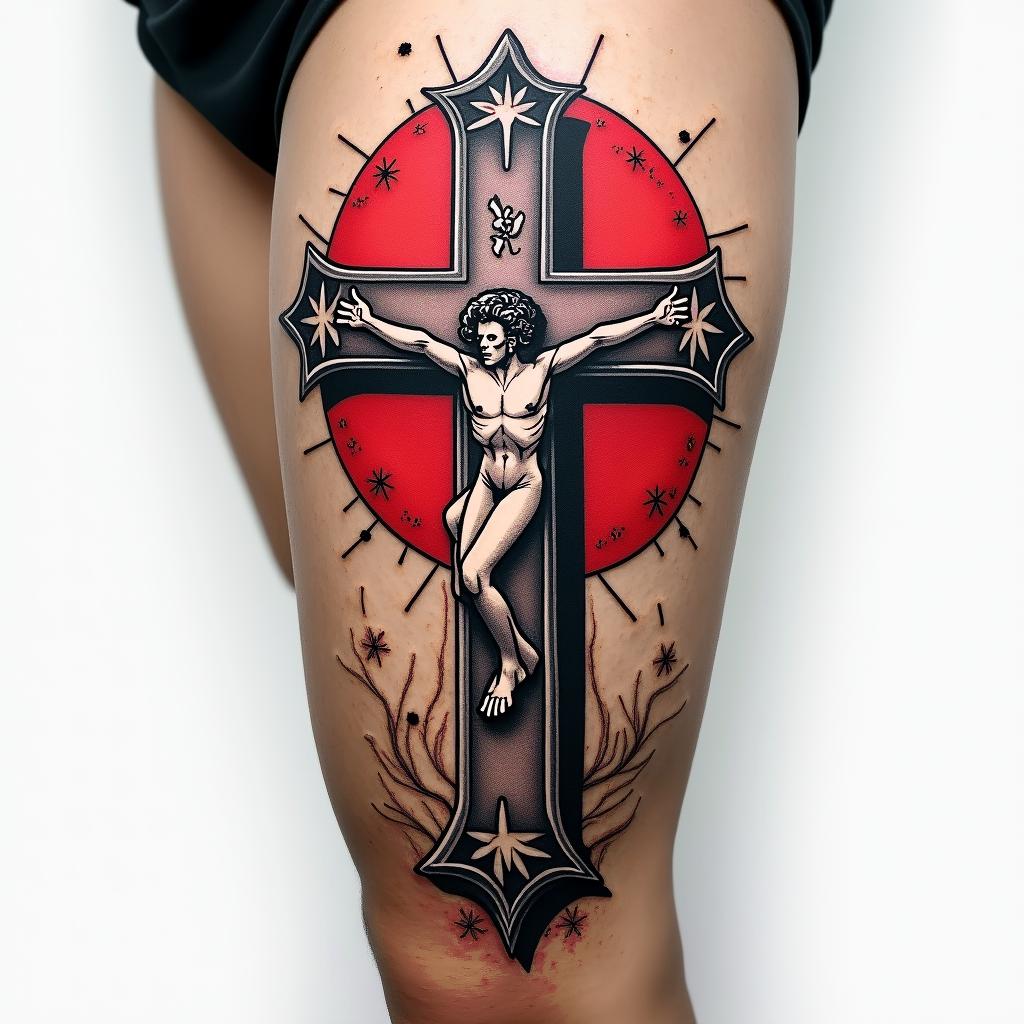 Cross tattoo on thigh for menin pop art style tattoo, featuring bold and vibrant colors, exaggerated outlines, iconic imagery, inspired by comic books and speech bubbles, comic book characters, retro pop culture - Variation 3