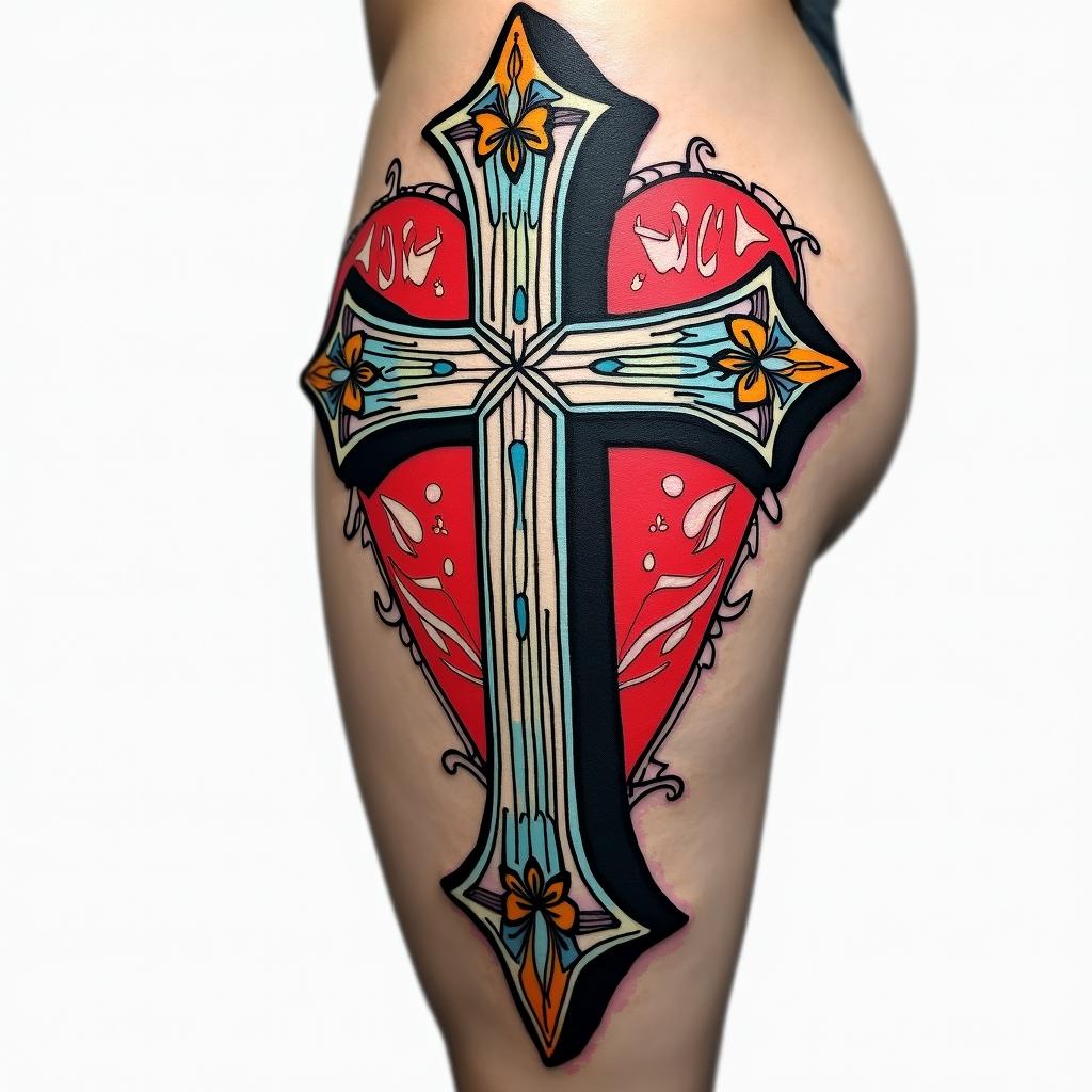 Cross tattoo on thigh for menin pop art style tattoo, featuring bold and vibrant colors, exaggerated outlines, iconic imagery, inspired by comic books and speech bubbles, comic book characters, retro pop culture - Variation 4