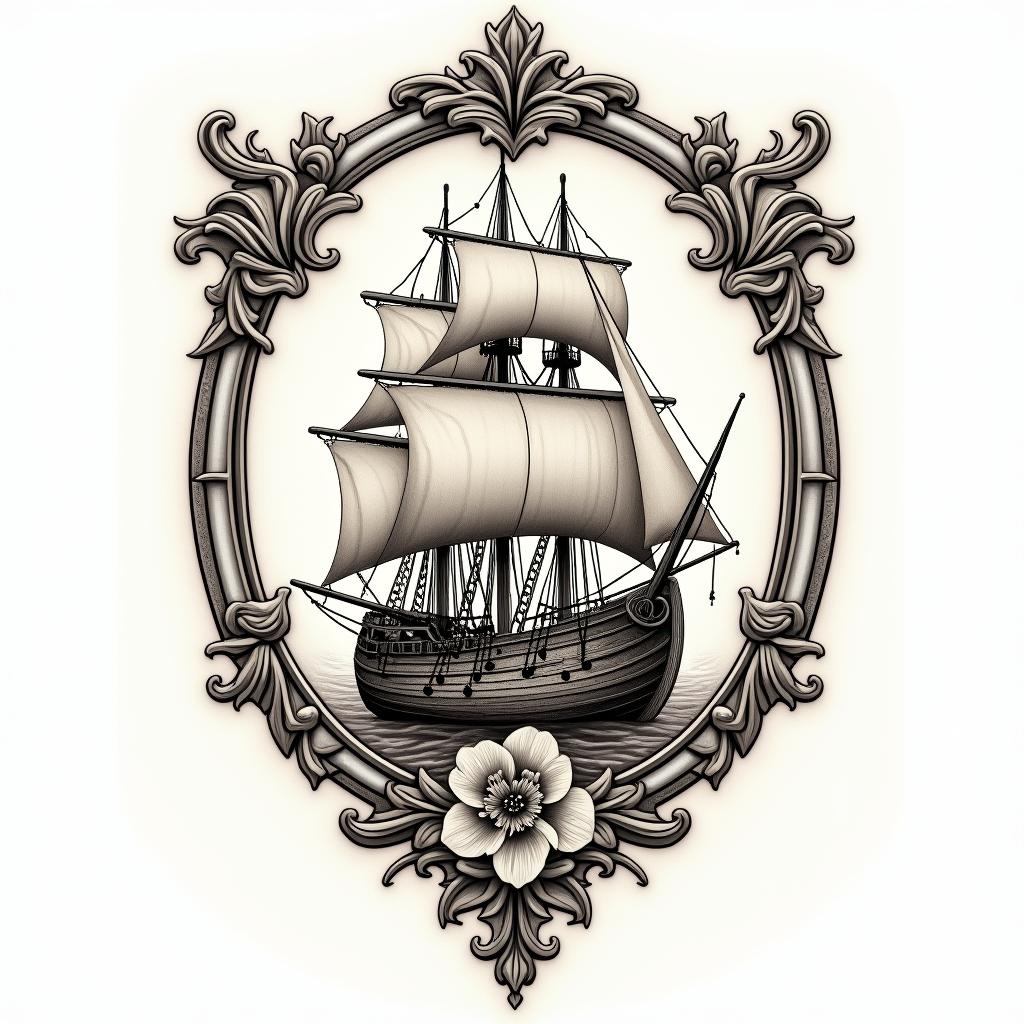 The Viking shipin victorian style tattoo, featuring vintage and elegant elements, ornate frames, roses, antique, sepia-toned color scheme - Variation 1