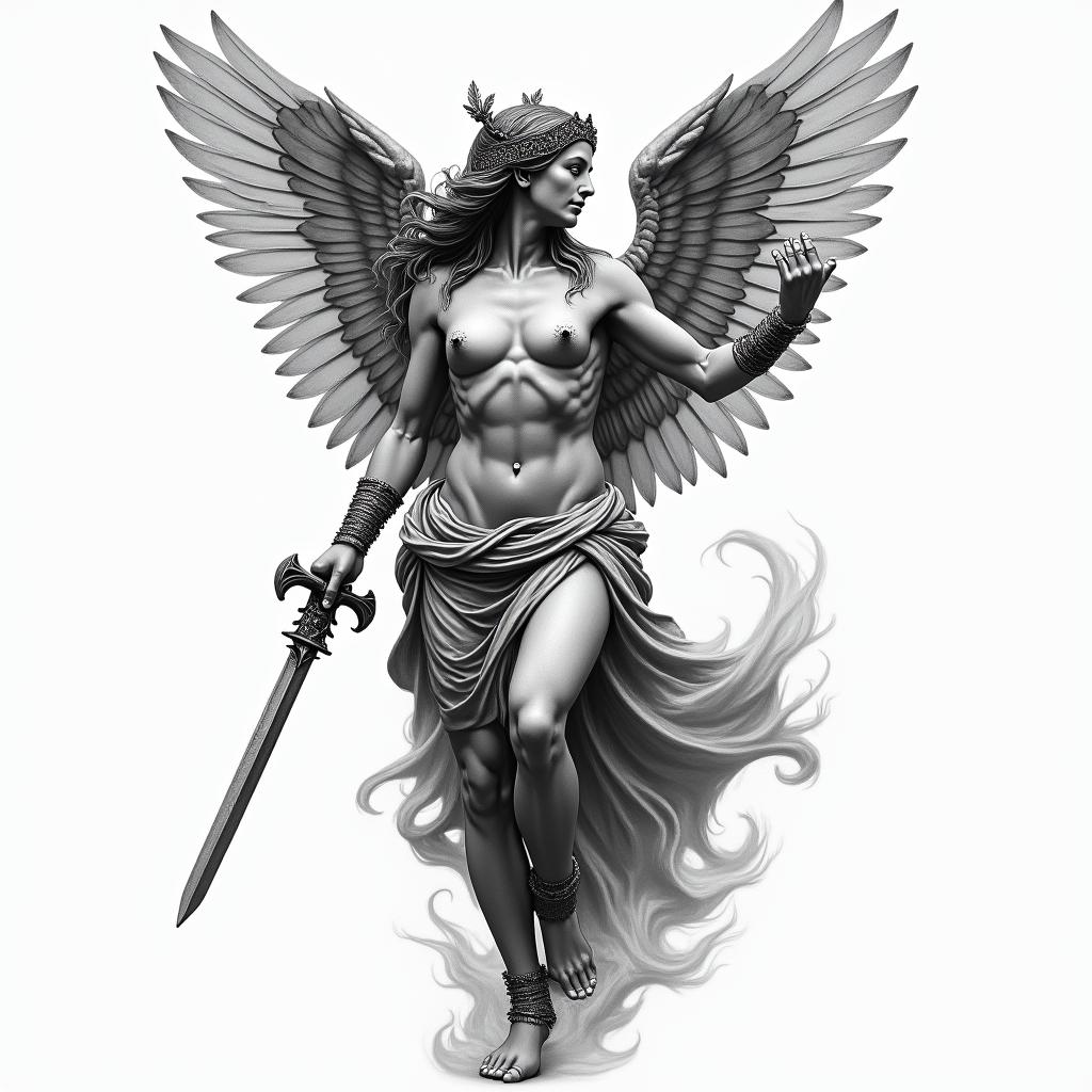 Athena, the goddess of war, firehigly detailed tattoo - Variation 58