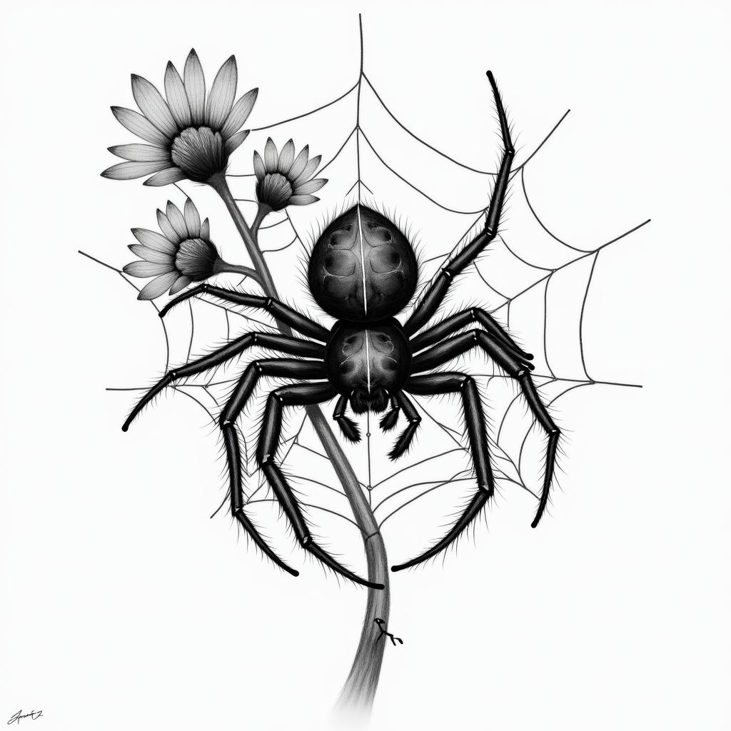 Small spider on web with flowers with stemin portrait tattoo style, featuring a highly realistic and detailed depiction  - Variation 57