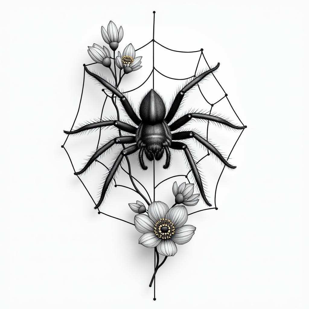 Small spider on web with flowers with stemin portrait tattoo style, featuring a highly realistic and detailed depiction  - Variation 59