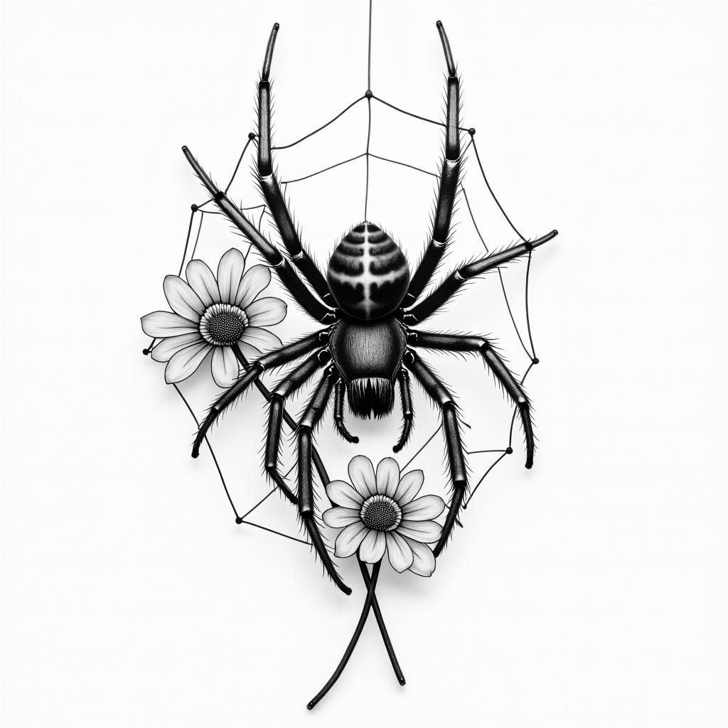 Small spider on web with flowers with stemin portrait tattoo style, featuring a highly realistic and detailed depiction  - Variation 56