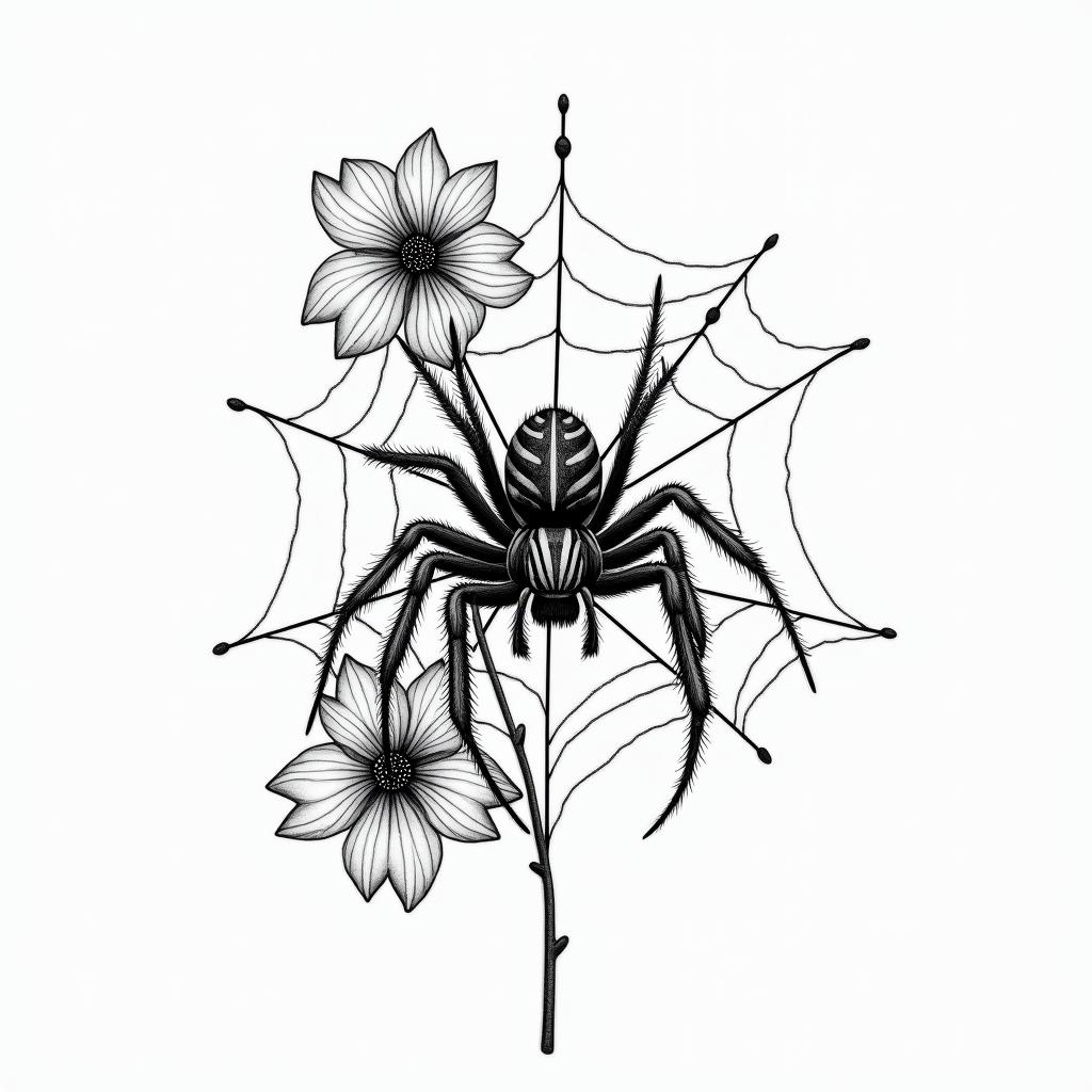 Small spider on web with flowers with stemin portrait tattoo style, featuring a highly realistic and detailed depiction  - Variation 55