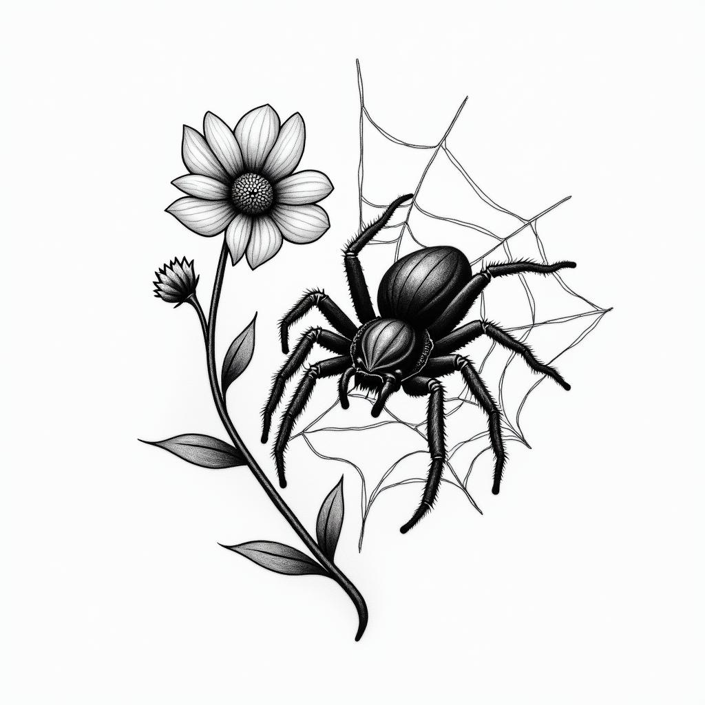 Small spider on web with flowers with stemin portrait tattoo style, featuring a highly realistic and detailed depiction  - Variation 54