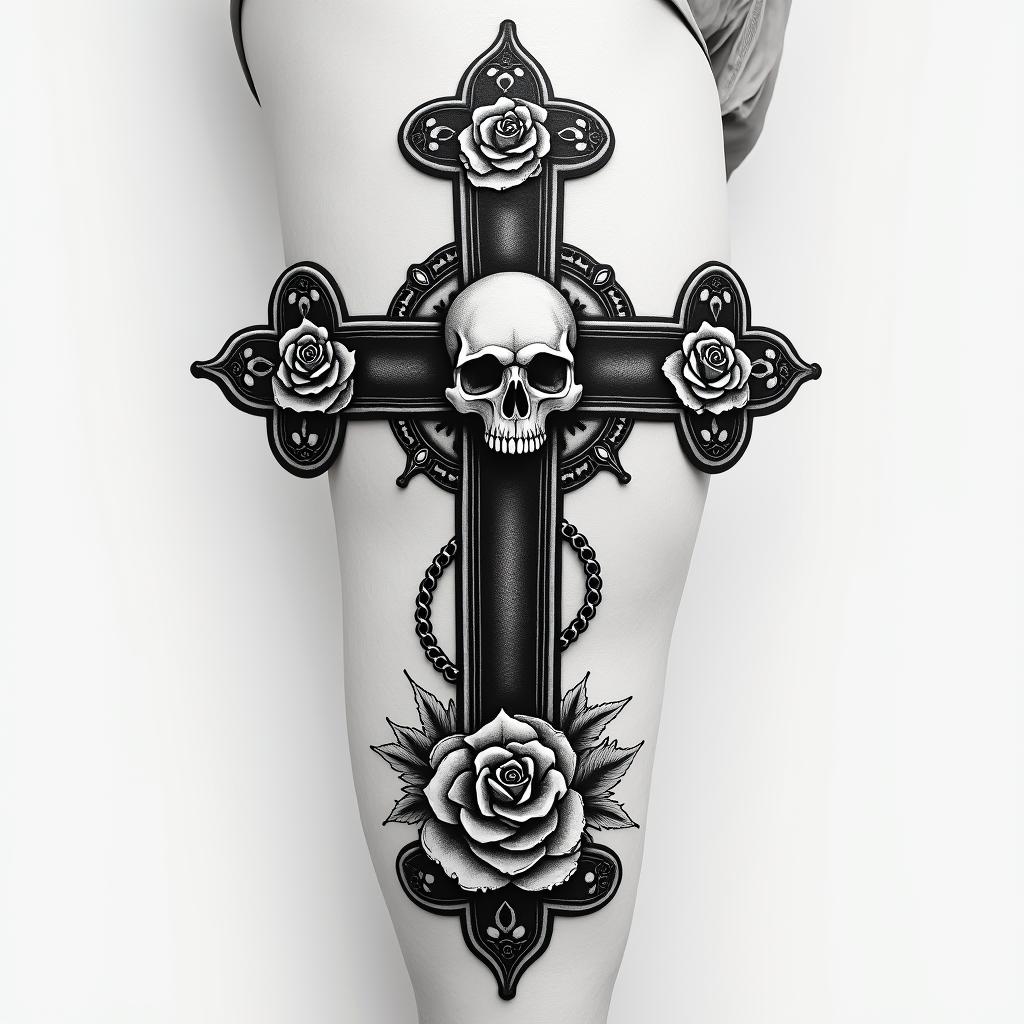 Cross tattoo on thigh for menin chicano style tattoo, featuring intricate black and grey shading, bold elements of traditional chicano culture symbols, add a big cross with skull, chains and roses - Variation 2