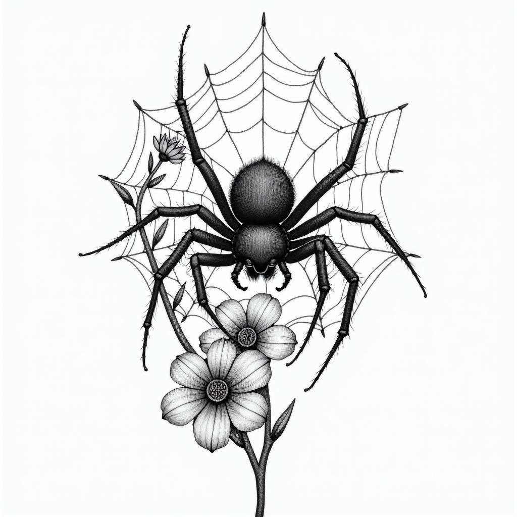 Small spider on web with flowers with stemin portrait tattoo style, featuring a highly realistic and detailed depiction  - Variation 50