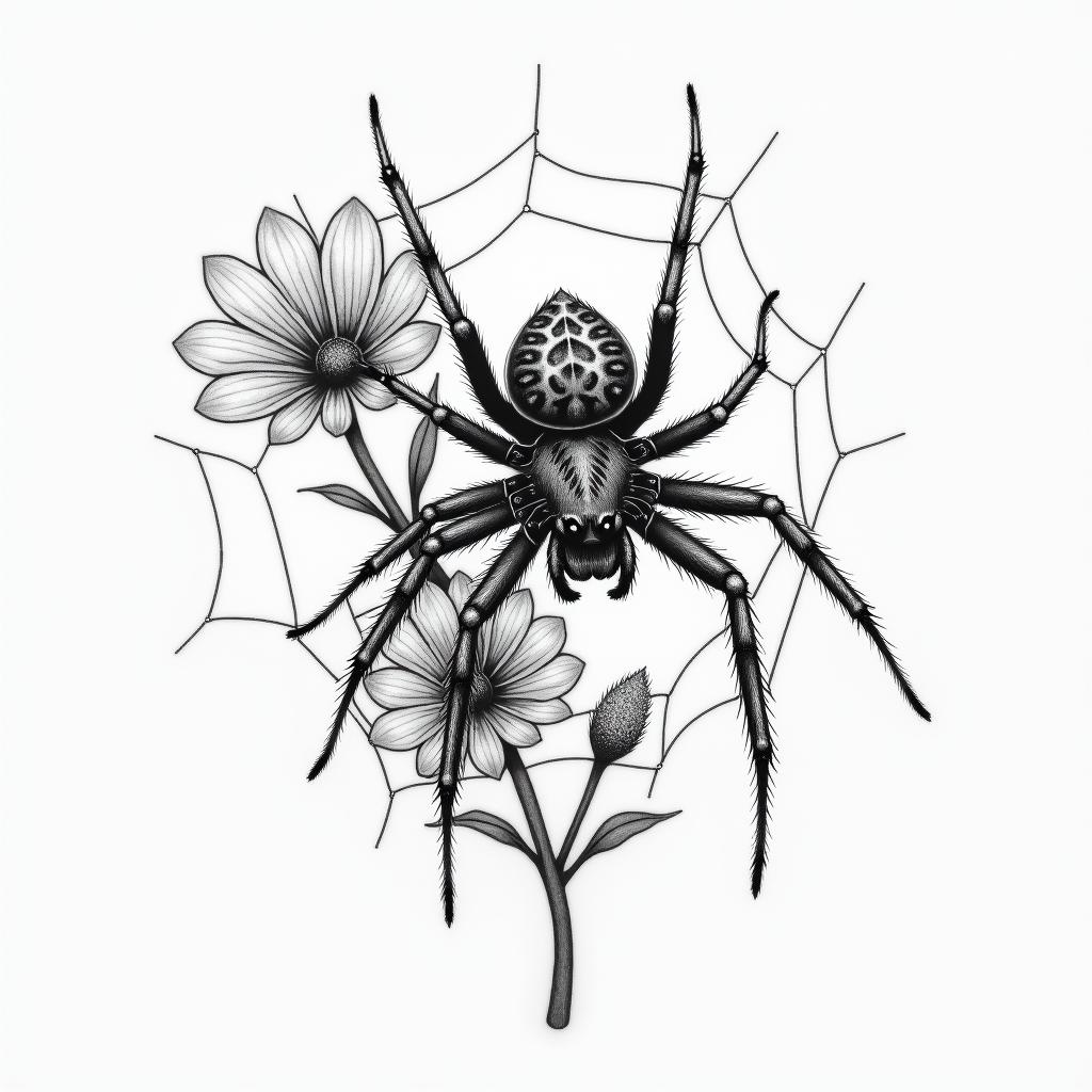 Small spider on web with flowers with stemin portrait tattoo style, featuring a highly realistic and detailed depiction  - Variation 51