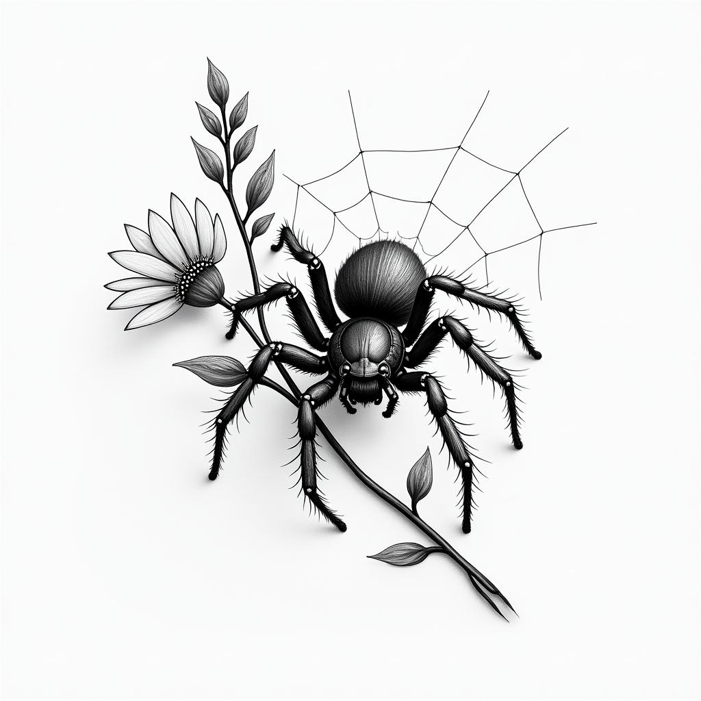 Small spider on web with flowers with stemin portrait tattoo style, featuring a highly realistic and detailed depiction  - Variation 49
