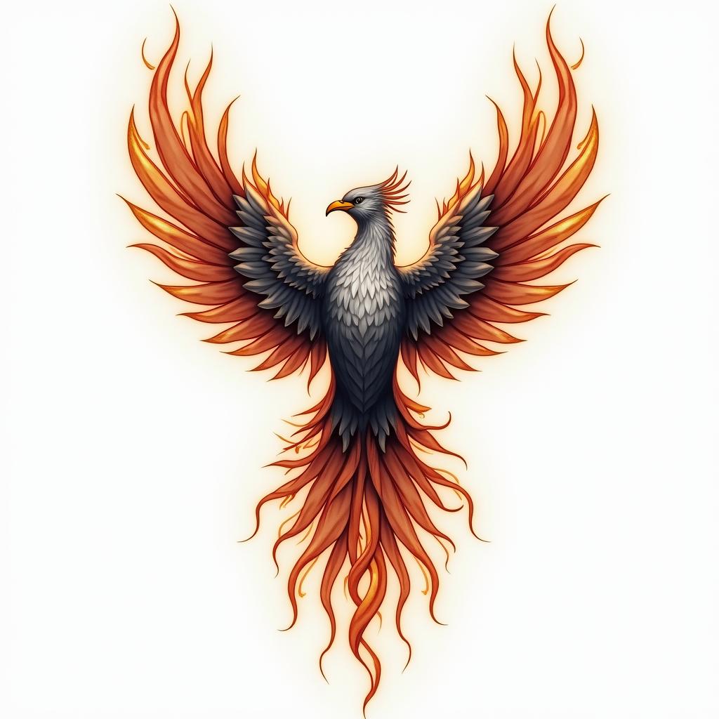 Medical symbol with phoenixin flame tattoo style showcasing fiery elements with dynamic flame patterns, glowing effect of flames, natural colors
